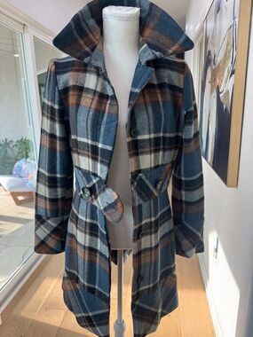 Womens Blue Brown Plaid Mid-Length Coat Size Small - Beautiful 😍